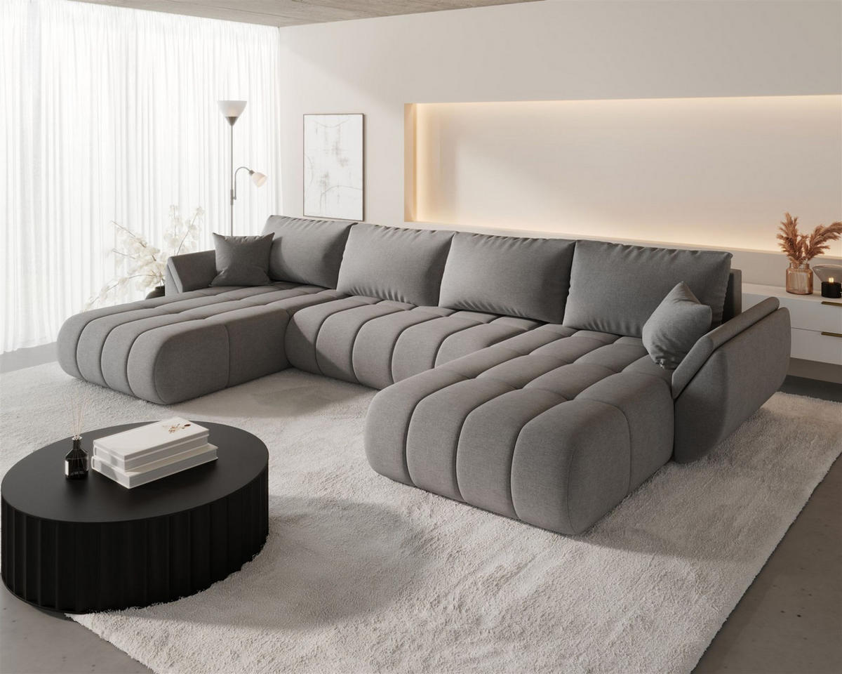 WOHNLANDSCHAFT Misato In Wind - Graubraun, Holzwerkstoff/Textil (384/85/175cm) - Fun Möbel