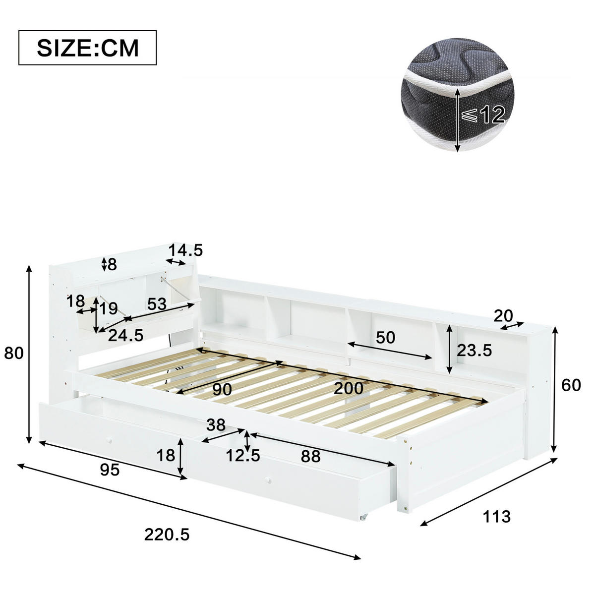 JEDNOLÔŽKOVÁ posteľ 90/200 cm biela s úložným priestorom, 2 svetlami a nabíjacou zásuvkou z masívu a MDF - biela, drevo (90/200cm) - OKWISH