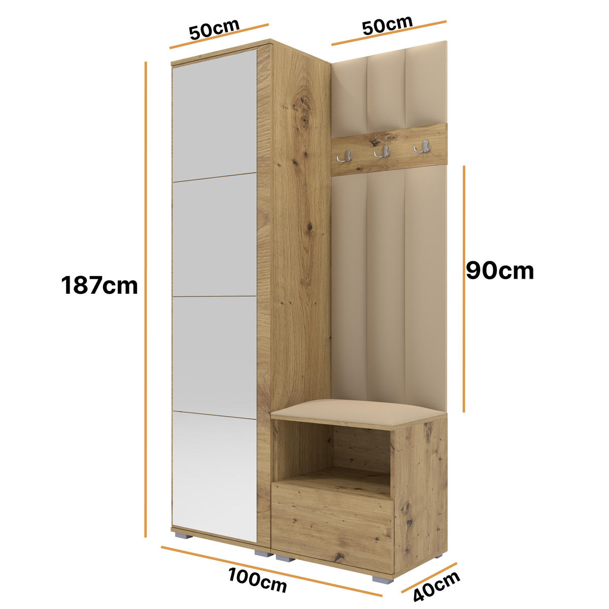 GEPOLSTERT Garderoben-Set Nela I LUX (Spiegel – Farbe Eiche Artisan + Stoff Trinity 04) - Beige/Silberfarben, Holz/Holzwerkstoff (100/187/40cm) - Ravio