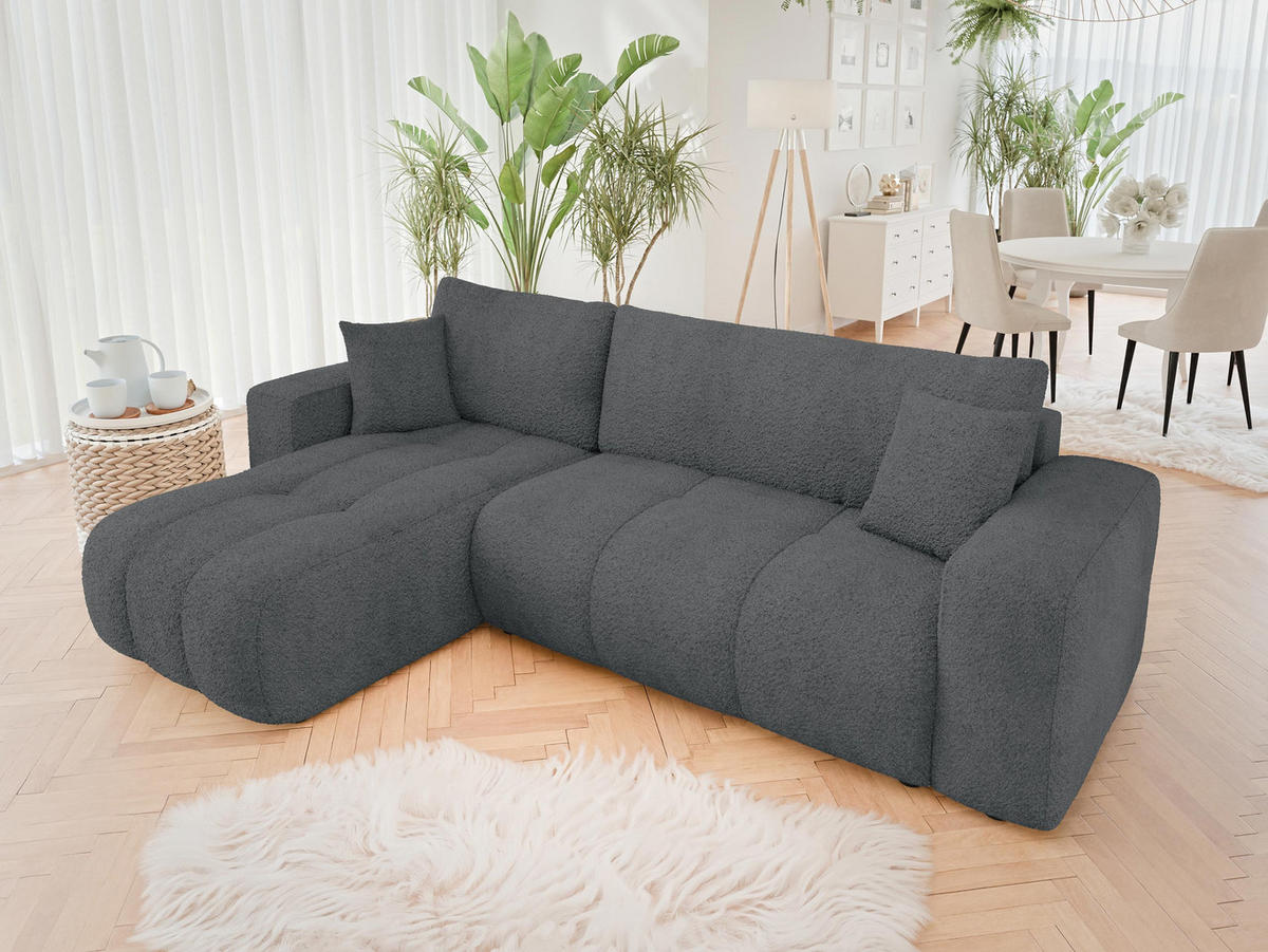 ECKSOFA Furyn Boucle - Dunkelgrau/Schwarz, Holzwerkstoff/Kunststoff (244/145cm) - MIRJAN24