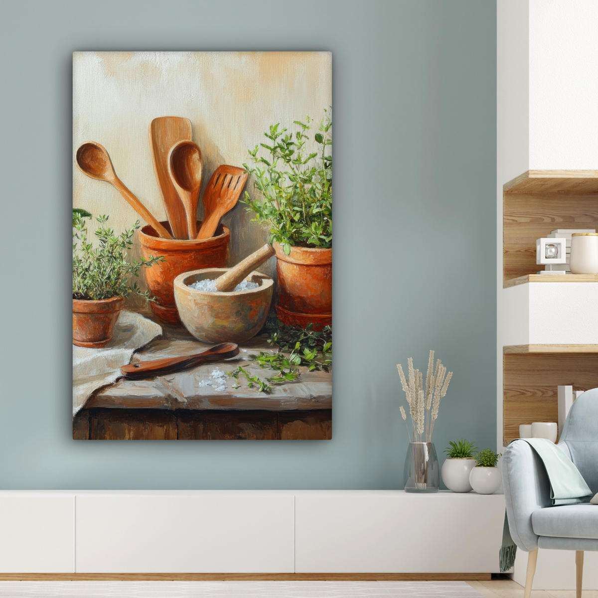 LEINWANDBILD Töpfe - Kräuter - Holz 80x120 cm - Terracotta, Textil (80/120cm) - MuchoWow