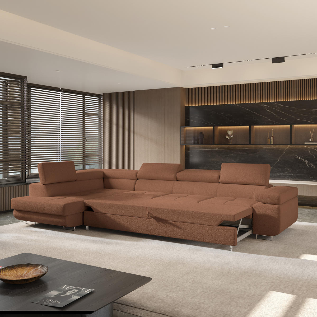 ECKSOFA VICENTE Kupferfarben Boucle-Stoff mit Schlaffunktion - Kupferfarben, Holz (346/202cm) - MASSENO