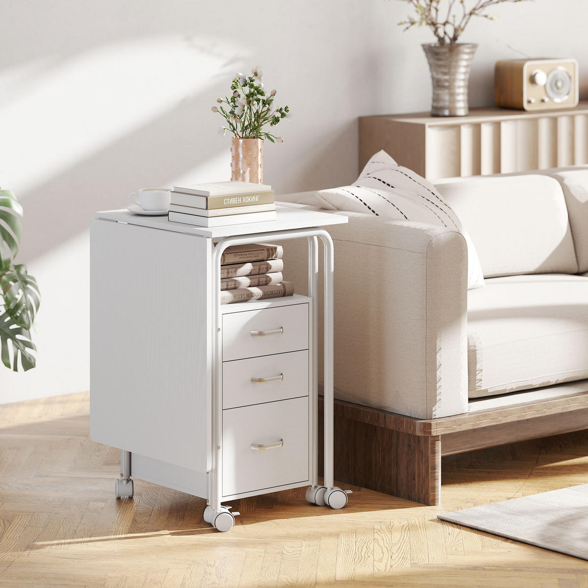 SCHREIBTISCH DE-14905 klappbar mit 3 Schubladen & Rollen Weiß - Weiß, Holzwerkstoff (105/51/75.5cm) - ComfortXL