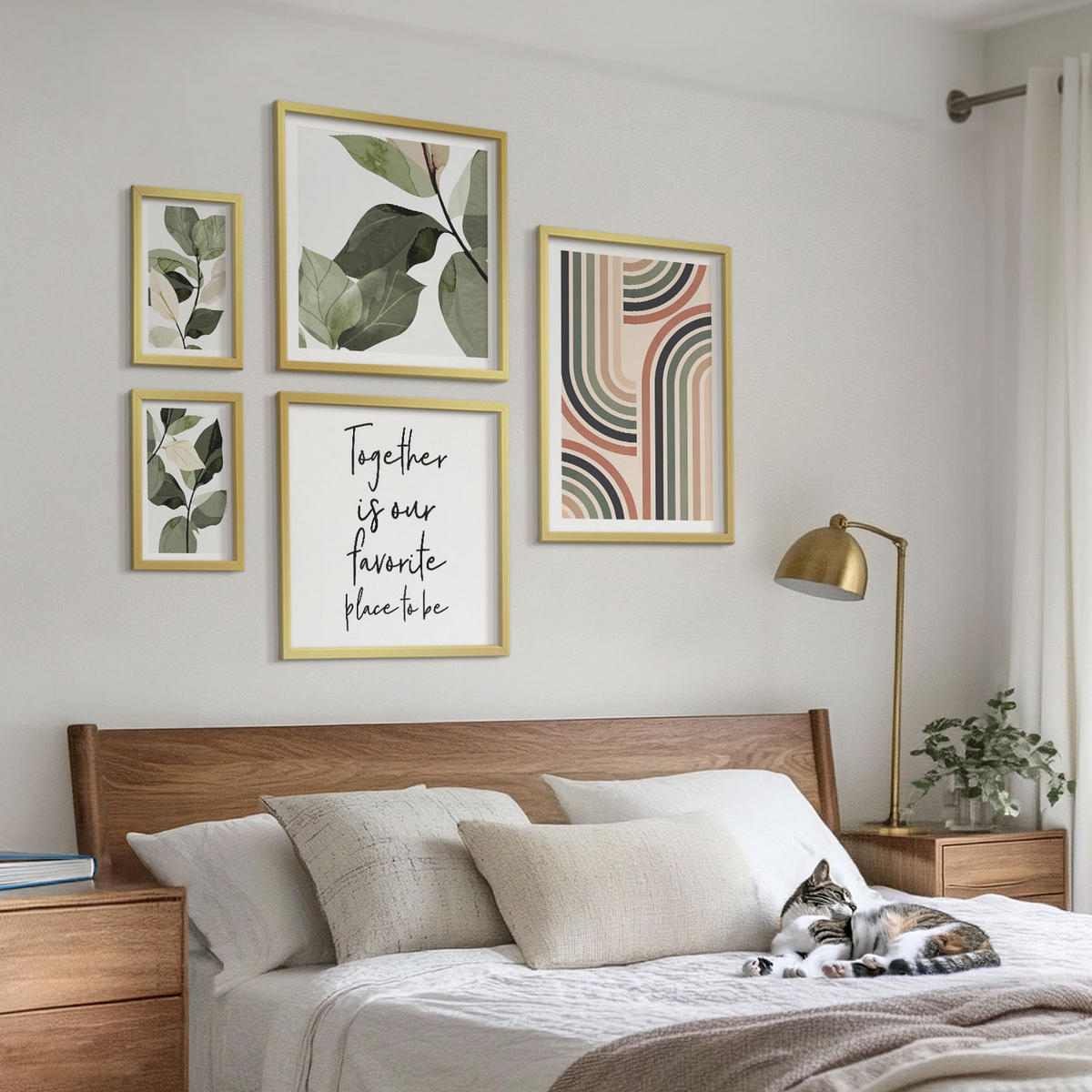 BILDER SET 5er Set - 50x50 cm & 20x30 cm & 40x60 cm Goldrahmen - Geometrische Pflanzenmotive - Goldfarben, Kunststoff (40/60cm) - TULUP