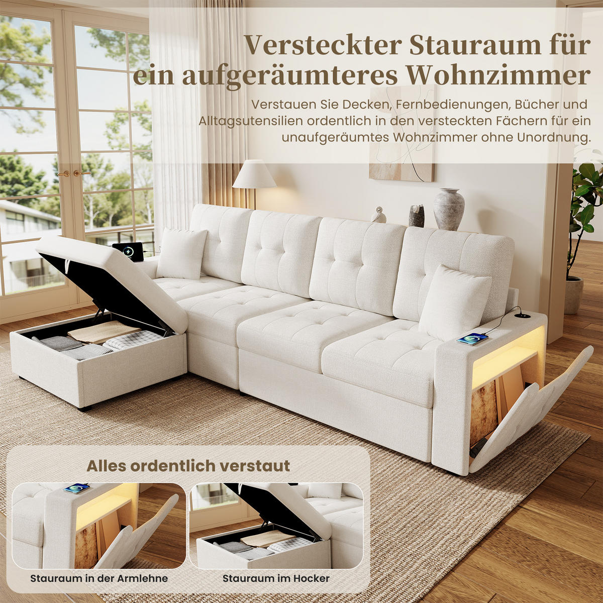 ECKSOFA 253/144.5/80.7 cm Beige mit Aufbewahrungshocker, LED Stimmungslicht und Stauraum - Beige, Textil (253/144.5cm) - Oxeza