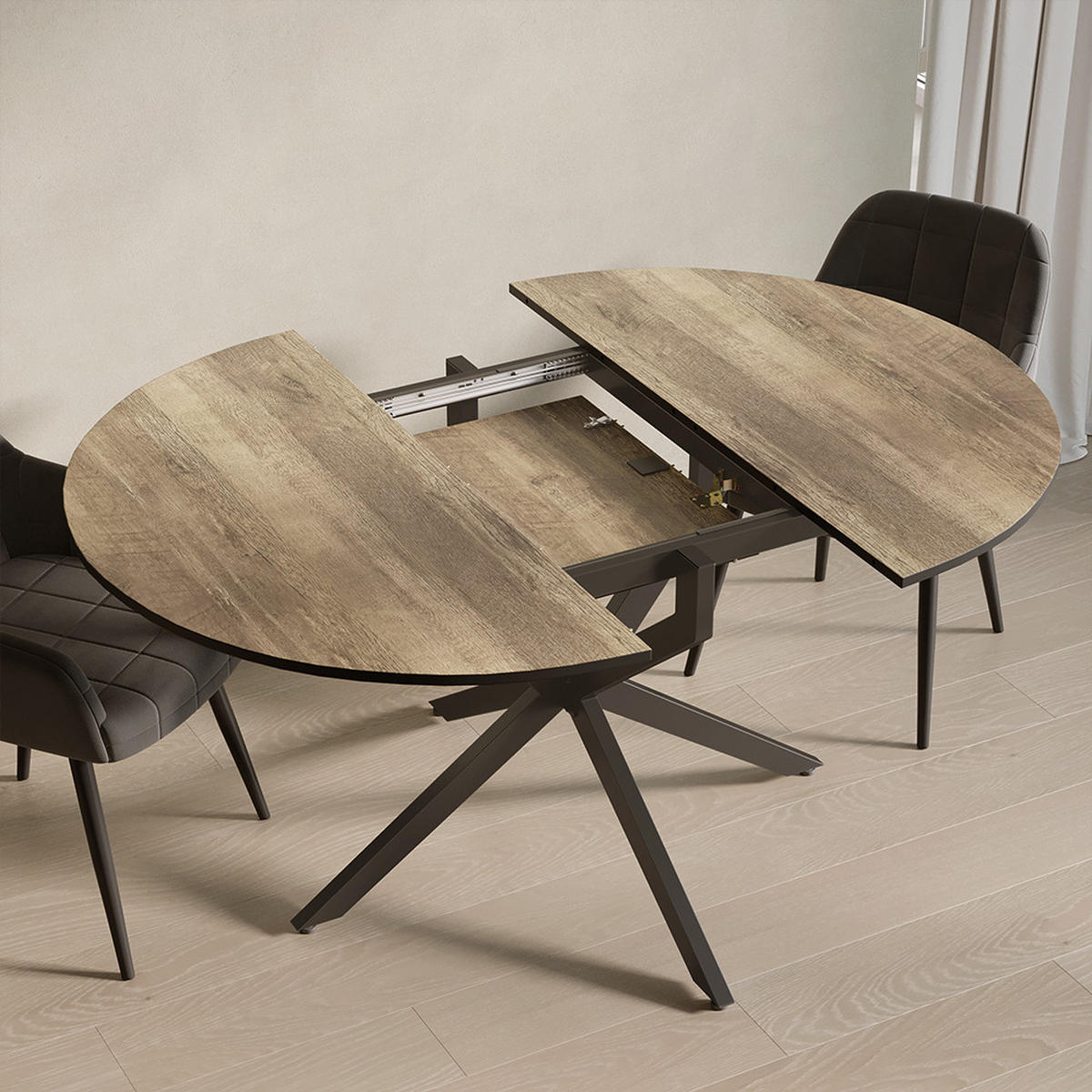 ESSTISCH Firenze Schwarz/Eiche rustikal 120 x 120 cm ausziehbar - Wildeiche/Schwarz, Holzwerkstoff (120/120/76.5cm) - Livinity®