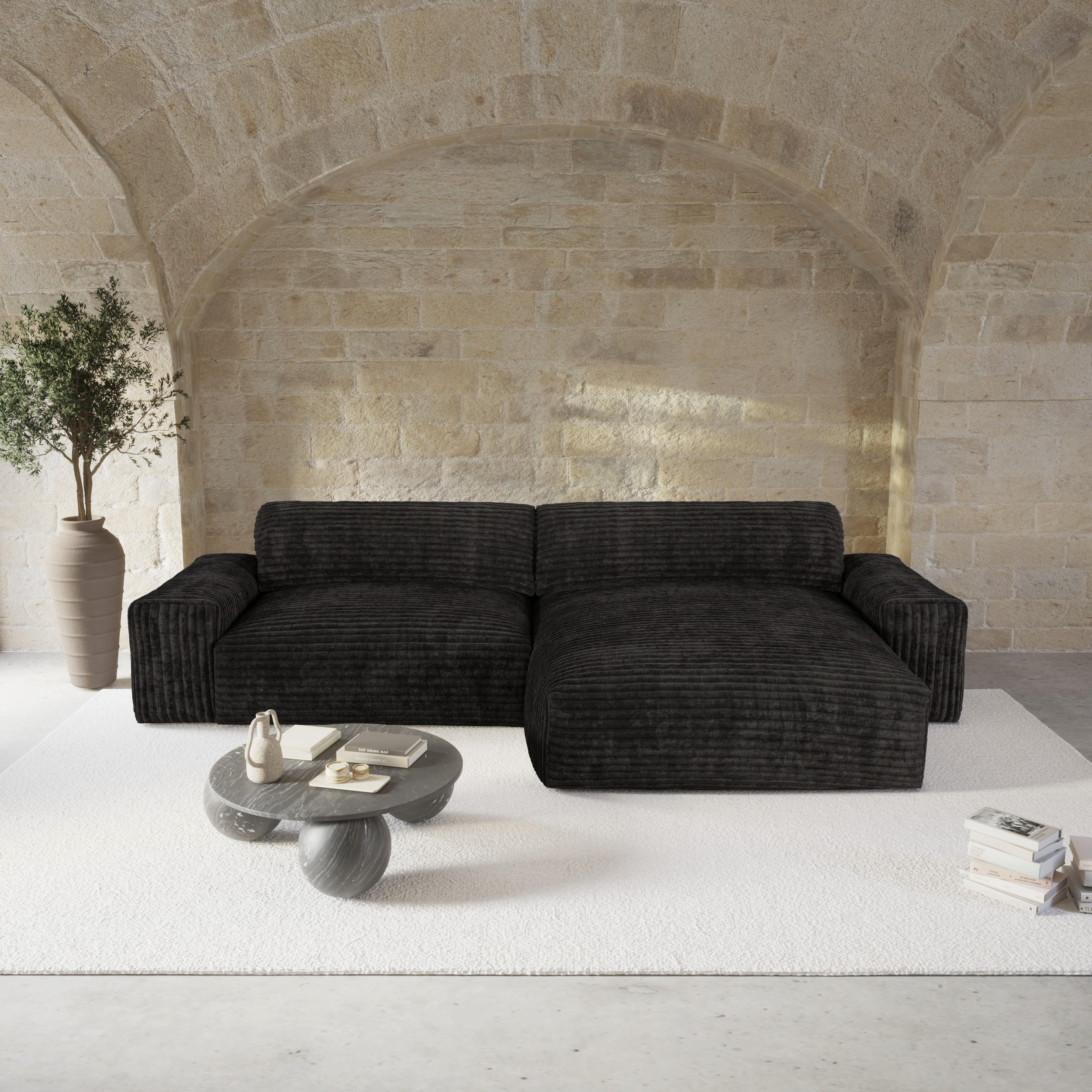 ECKSOFA RECHTS Gerippter Samt XXL Schwarz 220cm - Schwarz, Textil (220/120cm) - Sia Home