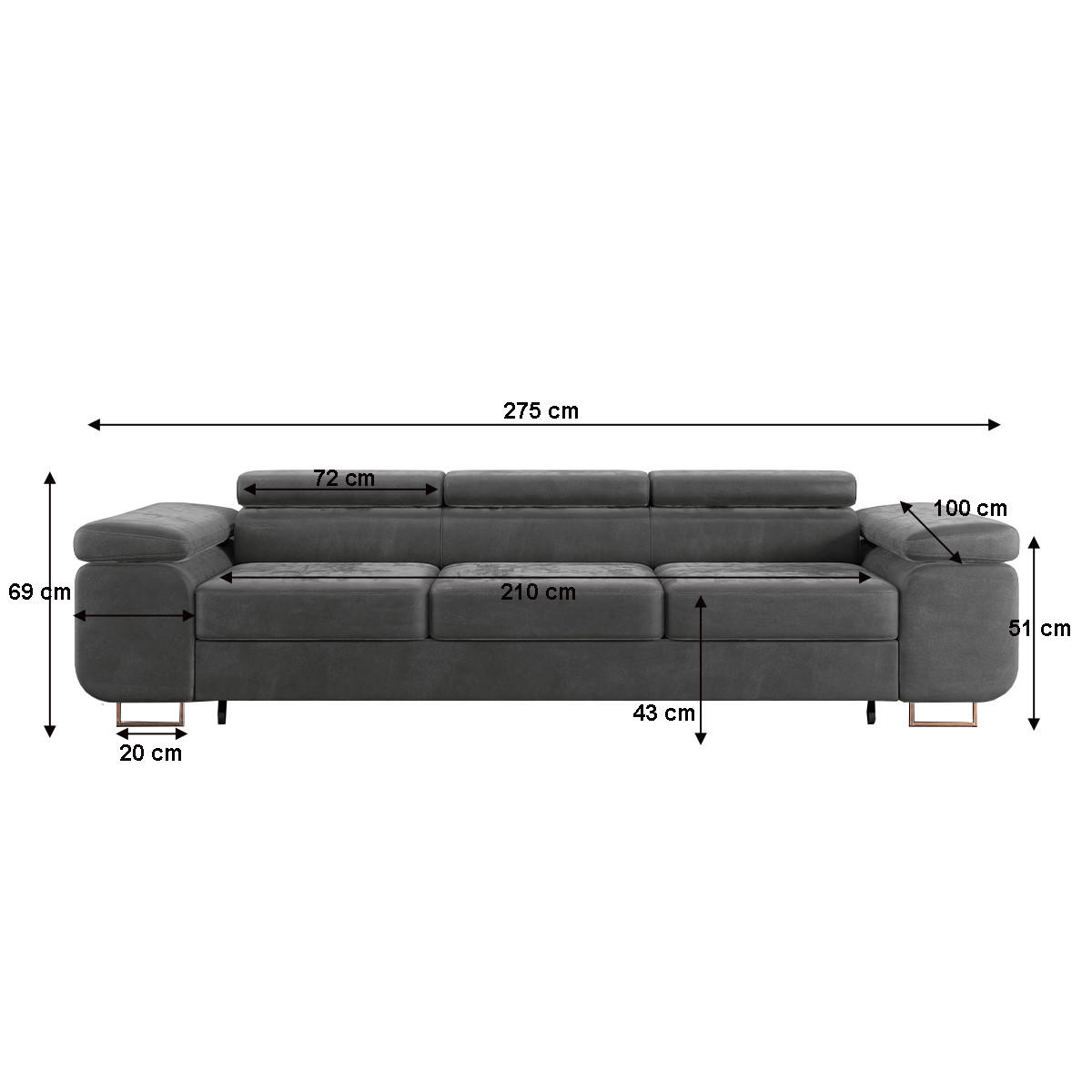 SCHLAFSOFA Lyam 3 Sitzplätze Dunkelgrau - Grau, Textil (275/69/100cm) - Petits-meubles