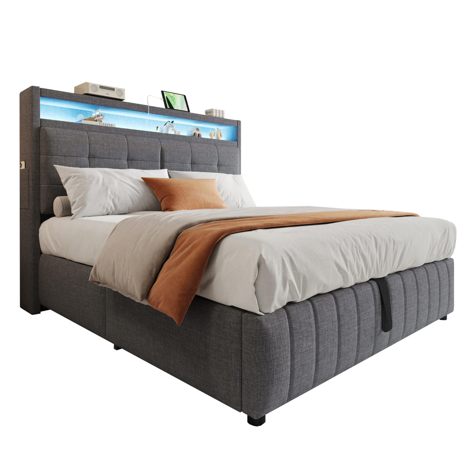 POLSTERBETT mit LED-Beleuchtung 160/200 cm mit Bettkasten und USB-Anschluss - Grau, Textil (160/200cm) - BEAOK
