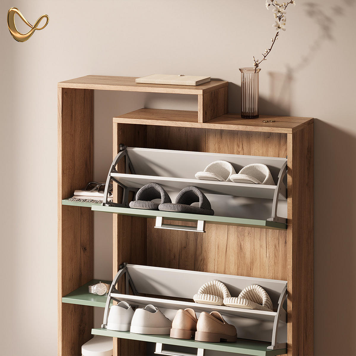 SCHUHKIPPER Ortello Goldkraft Eiche/Grün 80 x 128.3 cm mit 3 Fächern - Eichefarben/Grün, Holzwerkstoff (80/128.3/24.2cm) - Livinity®