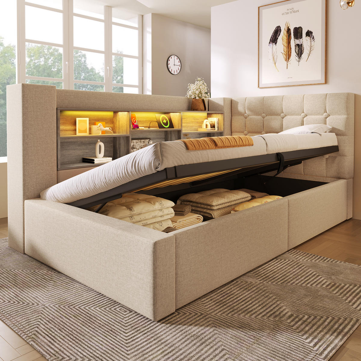 POLSTERBETT 90/200 cm in Beige mit Stauraum, LED und USB Leinen mit L-förmigem Kopfteil - Beige, Holzwerkstoff/Textil (90/200cm) - STILVORA