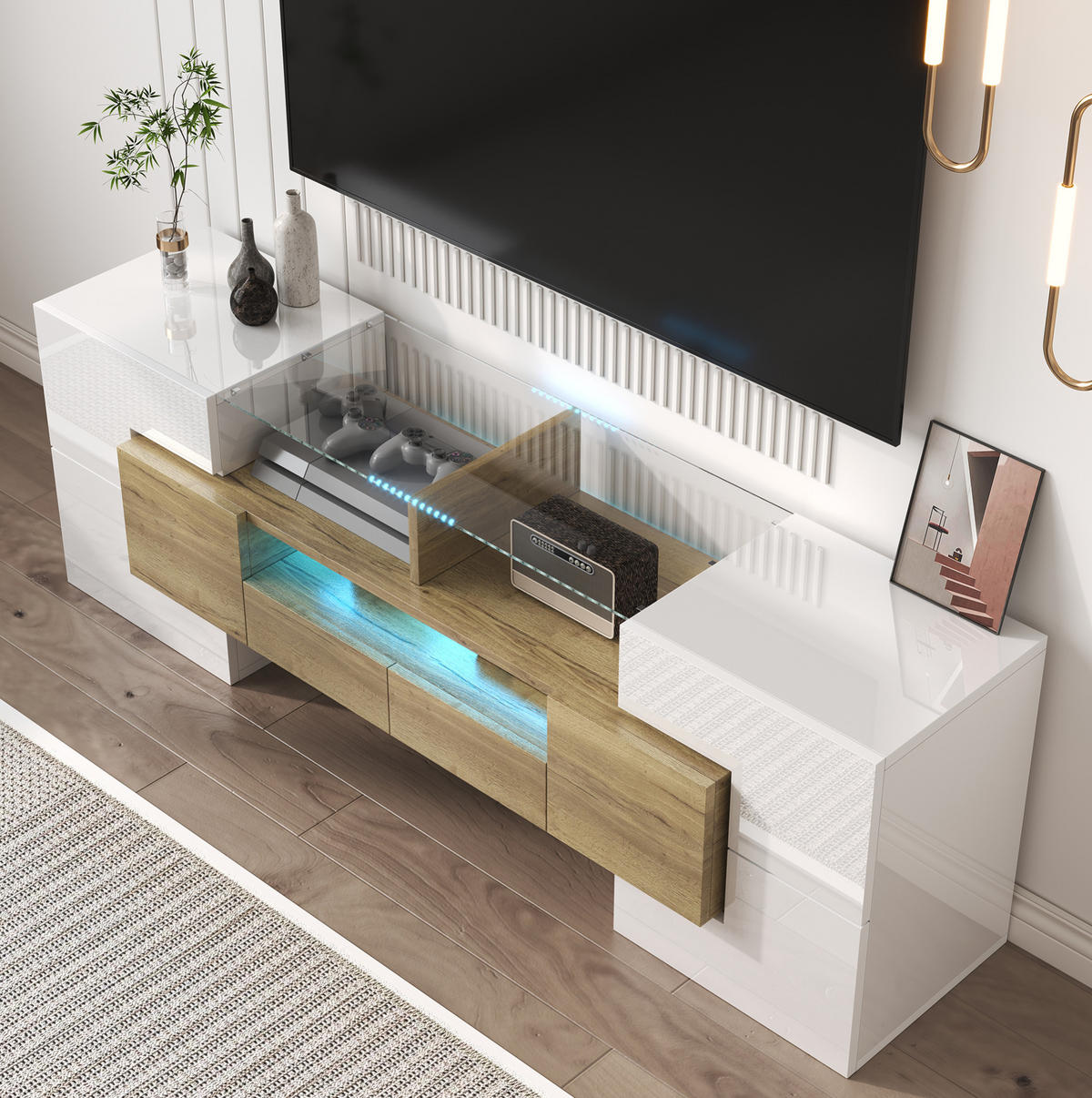 LOWBOARD 145/30/51 cm Weiß/Gold aus MDF mit LED-Beleuchtung - Weiß, Holzwerkstoff (30/51/145cm) - OKMYHOME