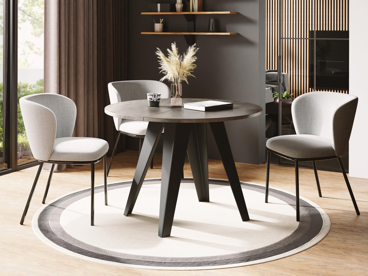 ESSTISCH Glory runder ausziehbarer, Dunkelgrauer Chicago Beton 90-130/100/76 cm - Dunkelgrau/Schwarz, Holzwerkstoff/Metall (90/90/76cm) - WFL GROUP