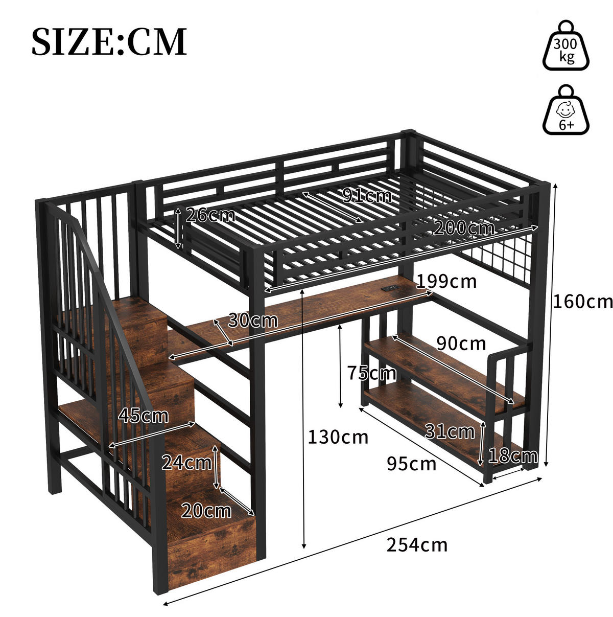 HOCHBETT 90/200 cm aus Metall mit Schreibtisch, Stauraumtreppe und LED Schwarz - Schwarz, Metall (90/200cm) - Modenvie