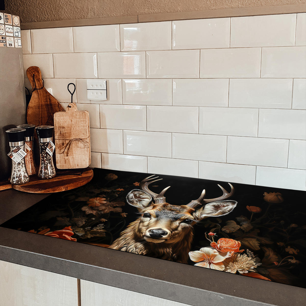 HERDABDECKPLATTE Hirsch - Tier - Blumen - Natur - Botanisch Ceranfeldabdeckung 90x52 cm - Kupferfarben, Kunststoff (90/52/0.2cm) - MuchoWow