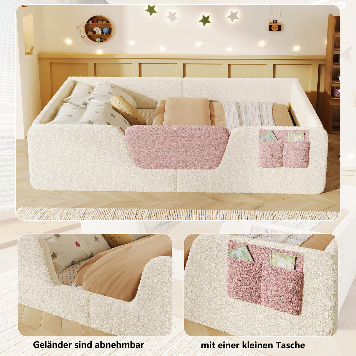 KINDERBETT 140/190 cm mit abnehmbaren Seitengittern, Stofftasche und Samtbezug, Beige - Beige, Textil (140/190cm) - Redom