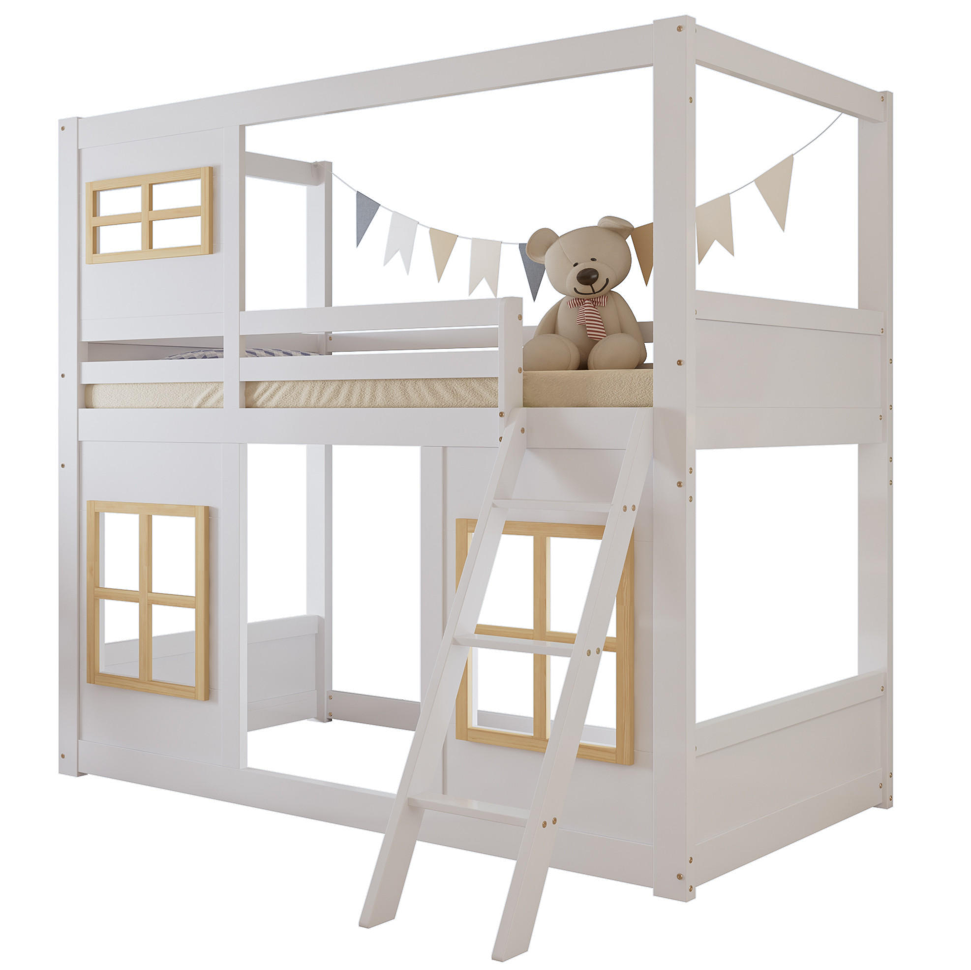 ETAGENBETT 90/200 cm aus Kiefer/MDF mit Fenstern, Trittleiter und Rundum-Absturzschutz, Weiß/Natur - Weiß, Holzwerkstoff (90/200cm) - Redom
