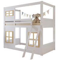 ETAGENBETT 90/200 cm aus Kiefer/MDF mit Fenstern, Trittleiter und Rundum-Absturzschutz, Weiß/Natur - Weiß, Holzwerkstoff (90/200cm) - Redom