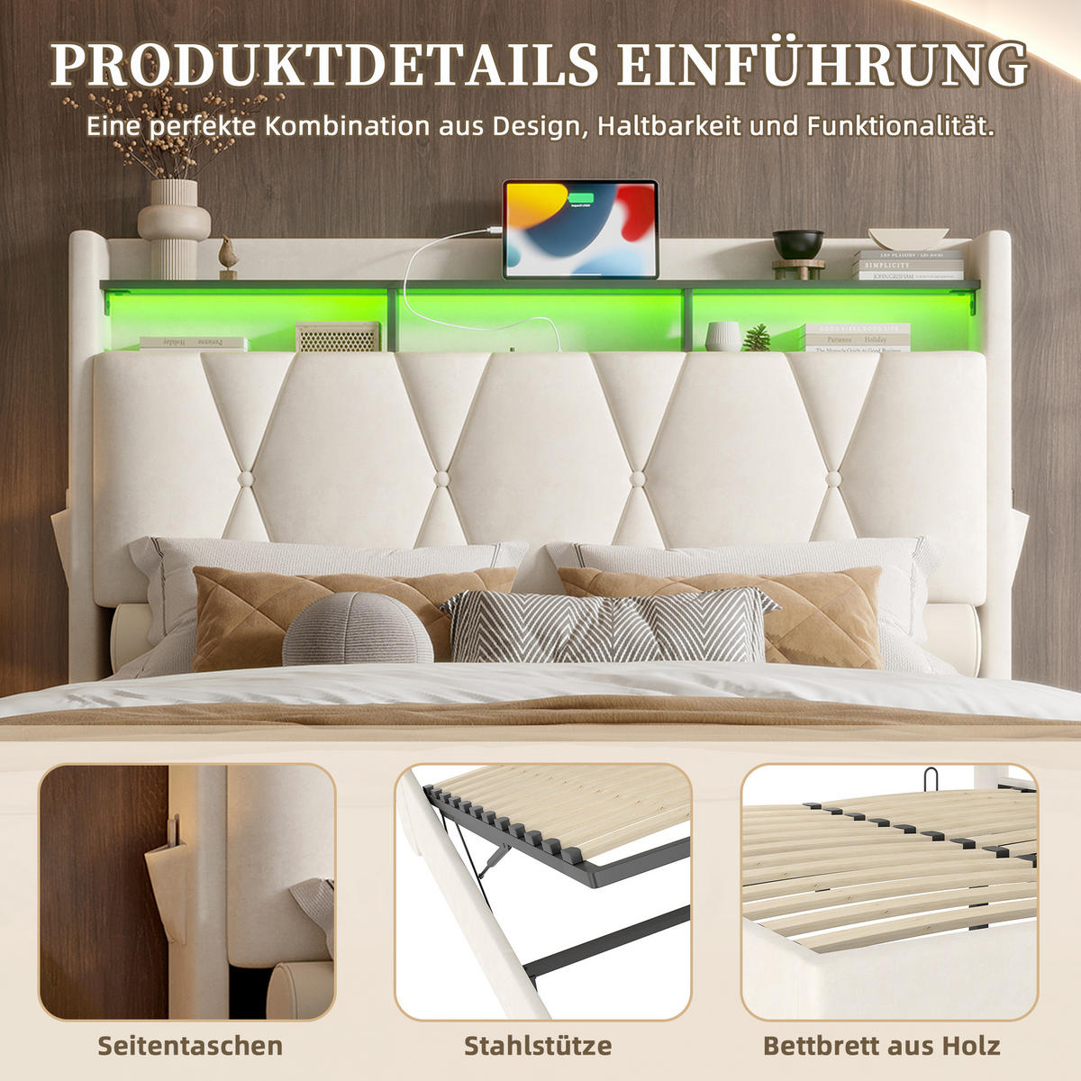 POLSTERBETT 160/200 cm in Beige Samt mit Bettkasten, LED und USB, Type-C - Beige, Holzwerkstoff/Textil (160/200cm) - WISHDOR