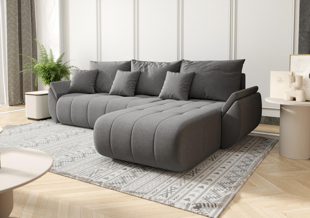 ECKSOFA Mit Schlaffunktion Und Bettkasten TOKYO, Stoff WIND, Braungrau, Rechts - Graubraun, Holz (280/190cm) - Kaiser Möbel