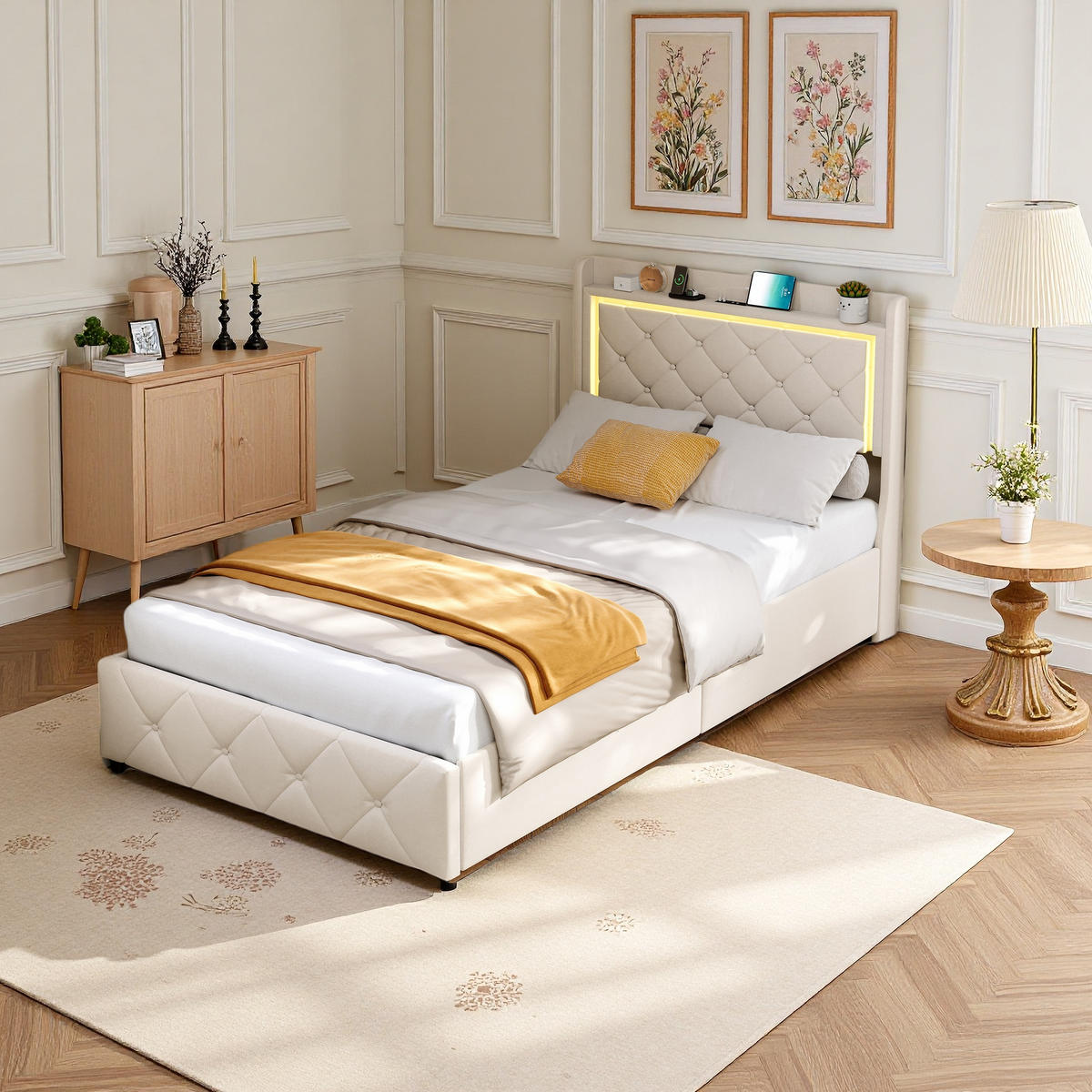 POLSTERBETT 90x200 cm LED USB Stauraum 4 Schubladen Lattenrost beige - Beige, Holz (90/200cm) - LEBENLANG