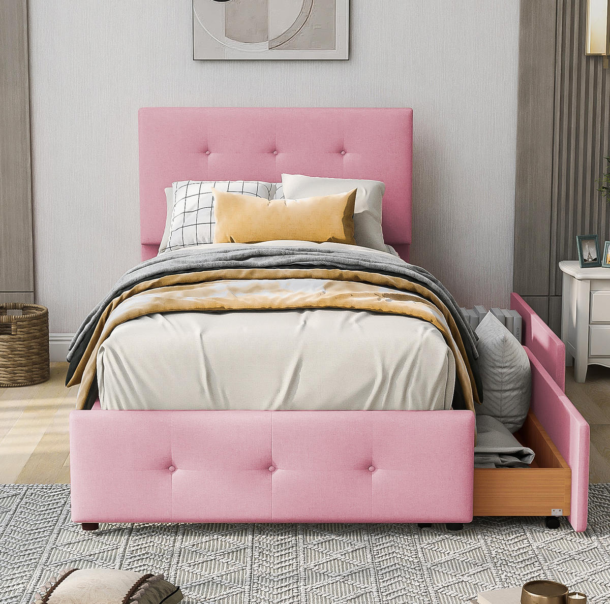 KINDERBETT 90/200 cm in Rosa aus Samt mit Schublade und Lattenrost - Rosa, Textil (90/200cm) - Flora Grace