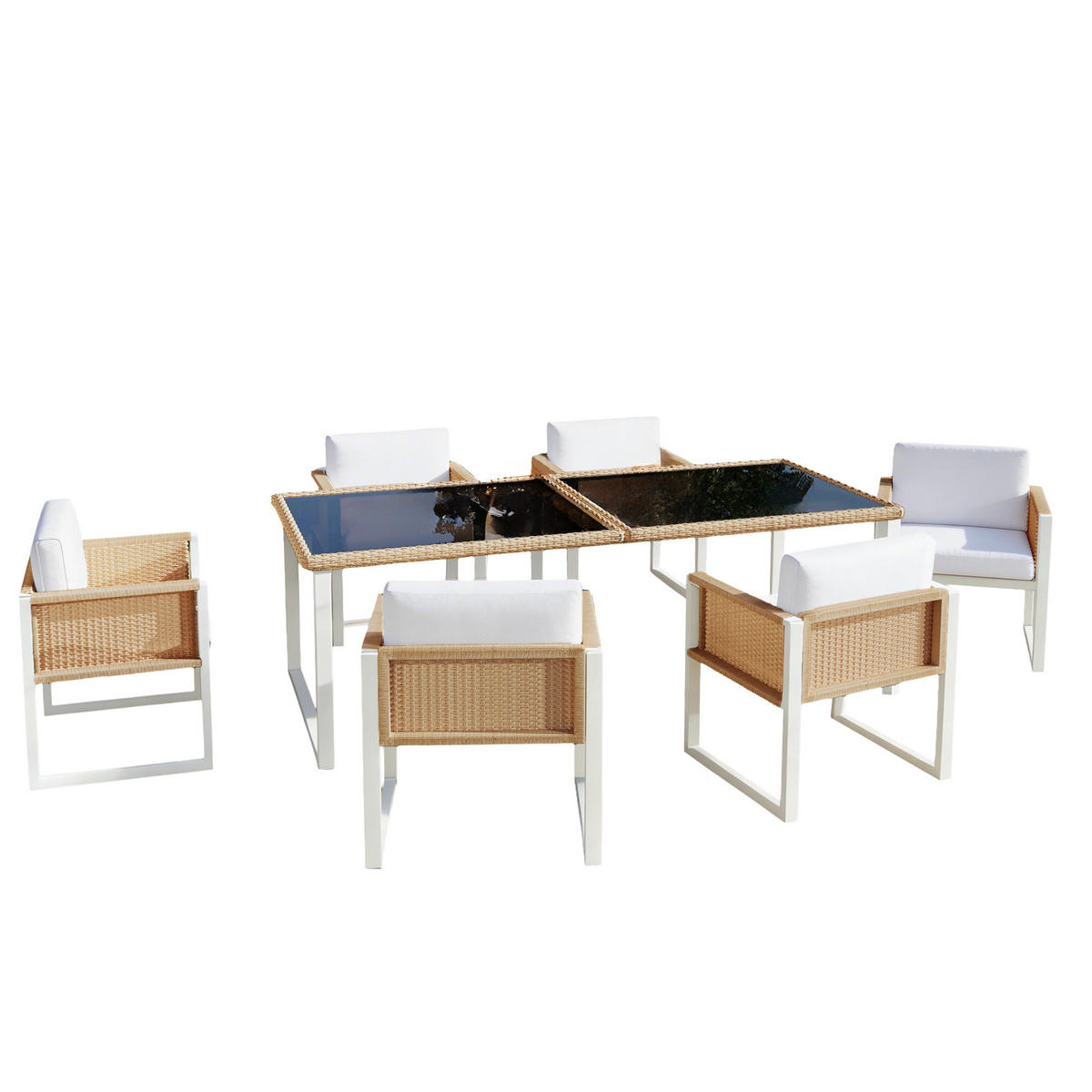 GARTENESSGRUPPE Braun/Weiß 7-teilig für 6 Personen mit Glastisch & abnehmbaren Polstern - Braun, Naturmaterialien - PANGIVO