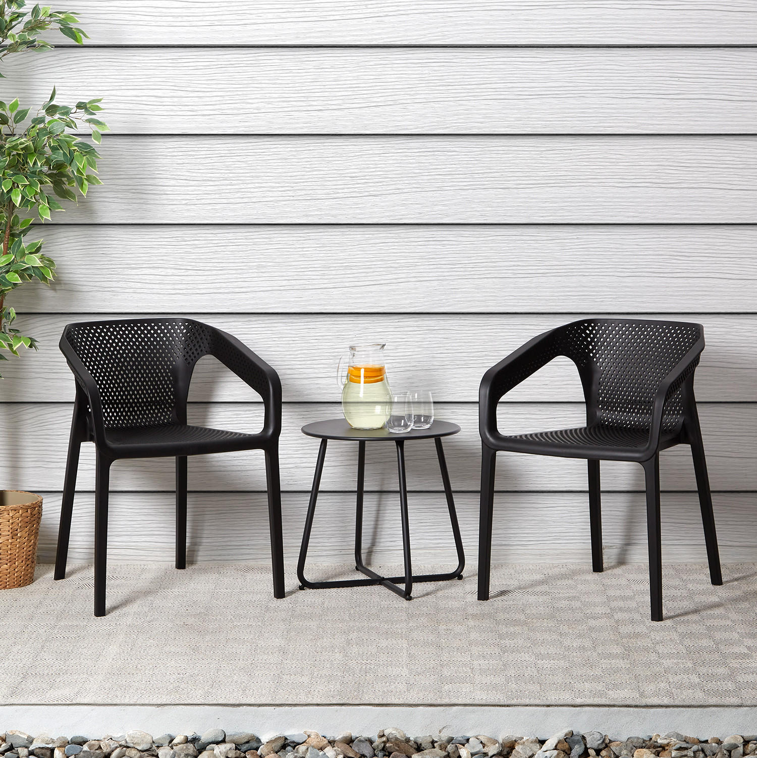 GARTENMÖBEL-SET 3-tlg. Kunststoff Schwarz - Schwarz, Kunststoff/Metall - Homestyle4u