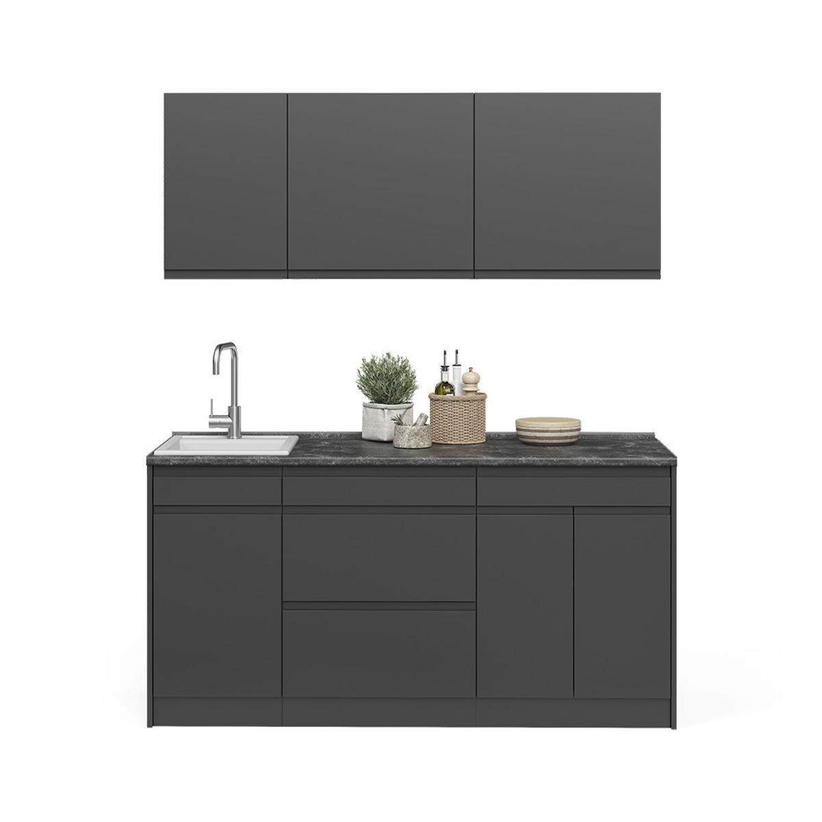 SINGLEKÜCHE R-Line, Anthrazit/Anthrazit, 160 cm Arbeitsplatte Satin - Anthrazit, Holzwerkstoff (160/81.6/60cm) - Vicco