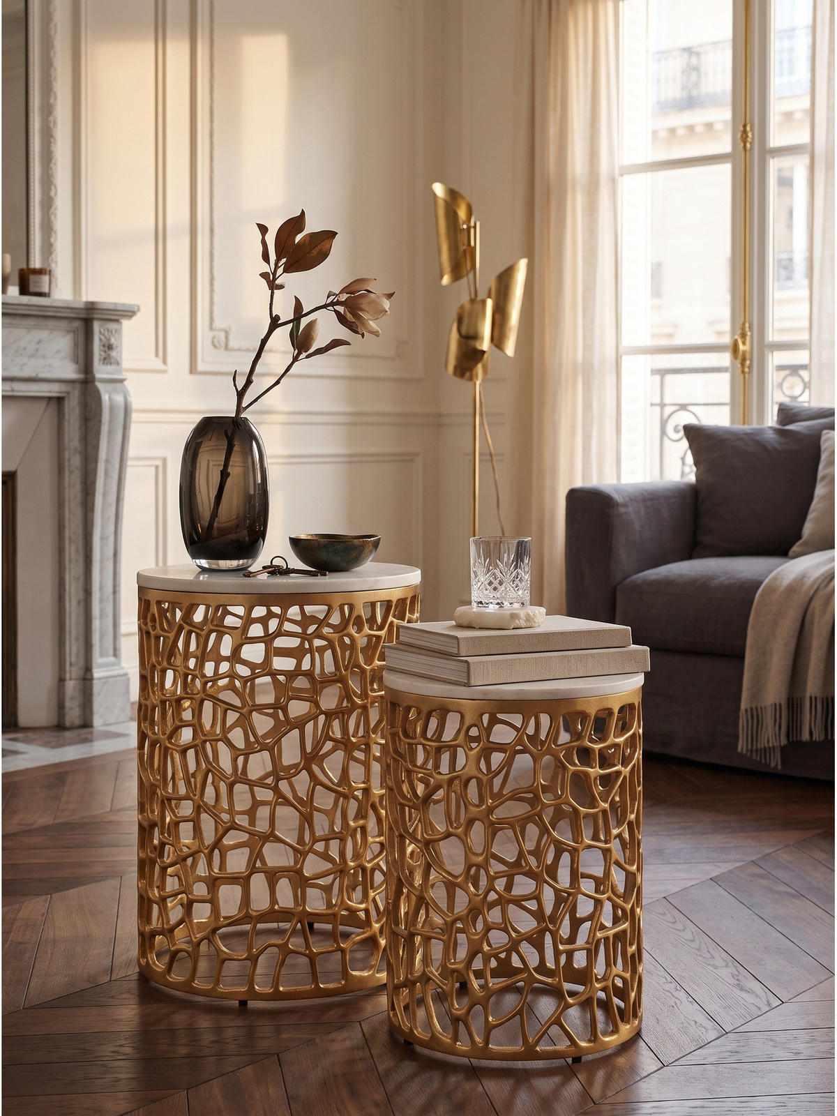 BEISTELLTISCHE 2er-Set ASTLUX, Marmor, Gold-Weiß, Ø 39 x 52,5 cm - Goldfarben, Stein/Metall (39/39/52.5cm) - KADIMA DESIGN