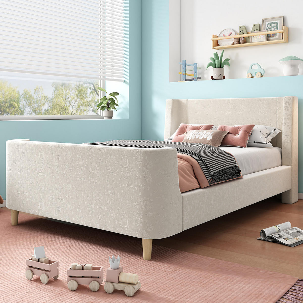 KINDERBETT 90x200cm Schlittenbett Kosmisches Muster Samt Beige - Beige, Holz - FLIEKS