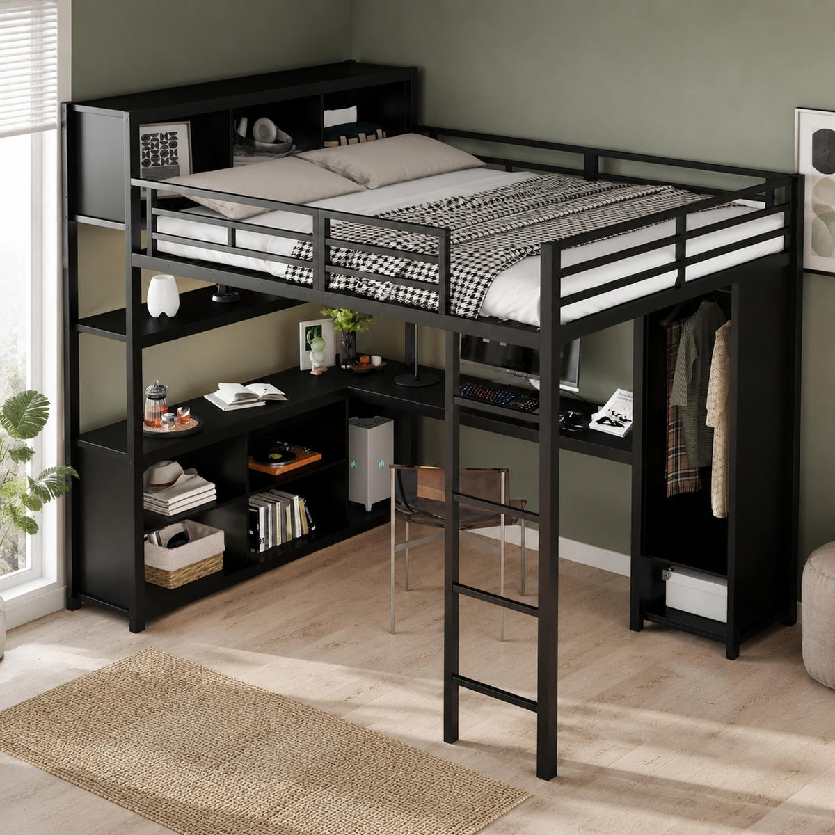 HOCHBETT 140/200 mit Schreibtisch, Kleiderschrank und Stauraum in Schwarz - Schwarz, Holzwerkstoff/Metall (140/200cm) - EVRYAE