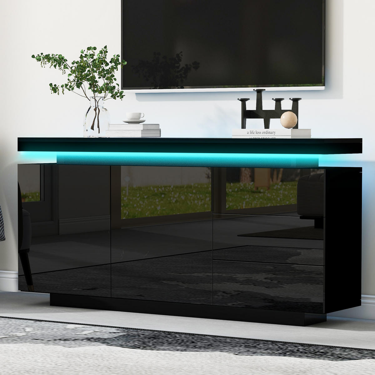 SIDEBOARD mit LED 140 x 35 x 72,5 cm Schwarz 2 Türen 3 Schubladen - Schwarz, Holzwerkstoff (140/72/38cm) - Meubliv