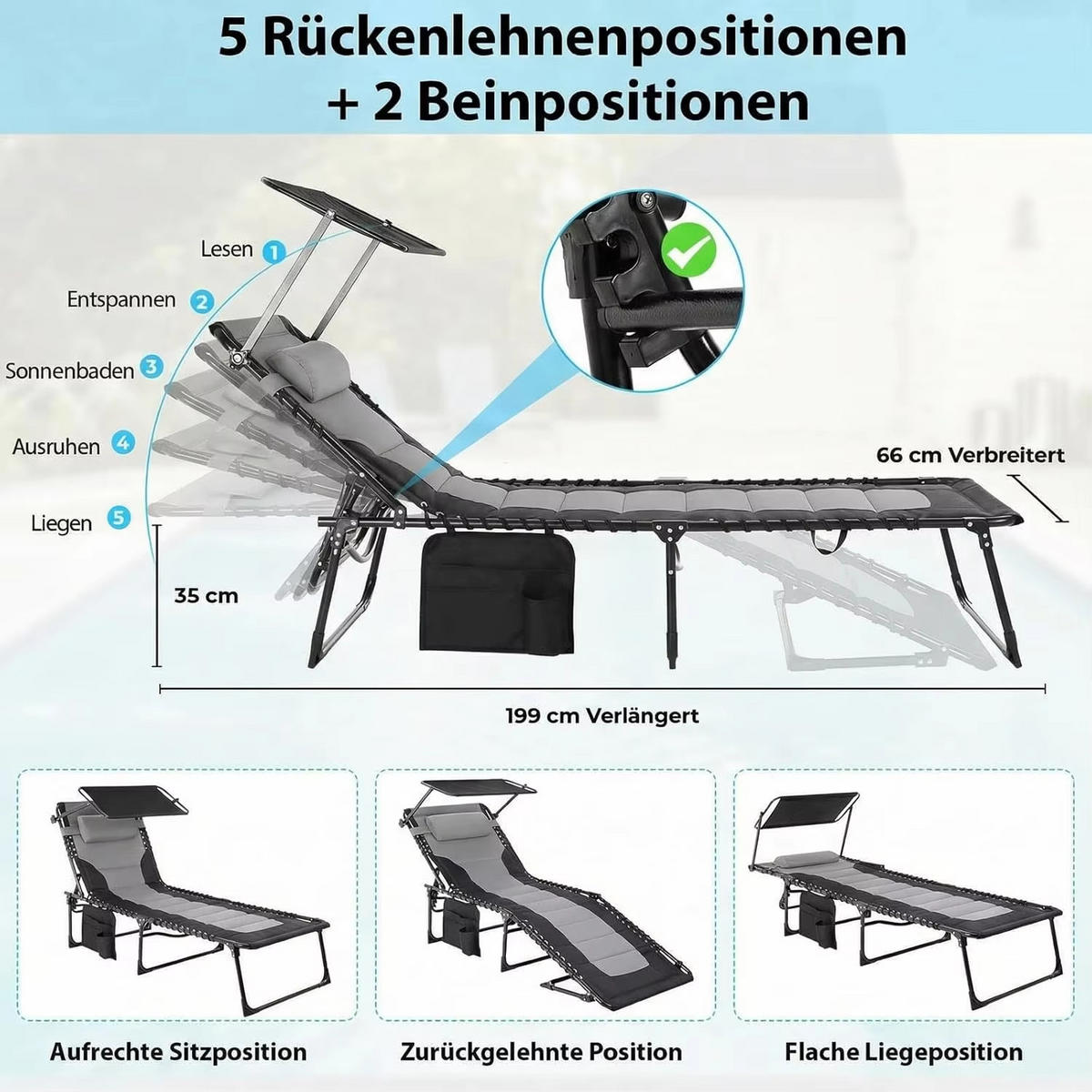 LIEGESTUHL klappbar 360° Sonnendach 5-fach Rückenlehne Seitentasche - Schwarz, Metall (66/35/199cm) - Kaket