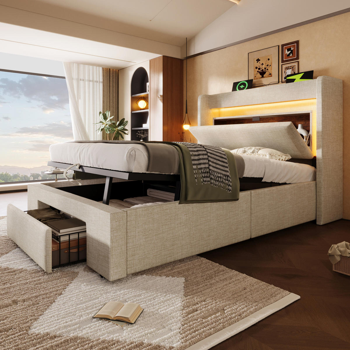 BETT mit Stauraum 90x200 cm Leinen Beige mit Matratze - Beige, Metall (90/200cm) - Meubliv