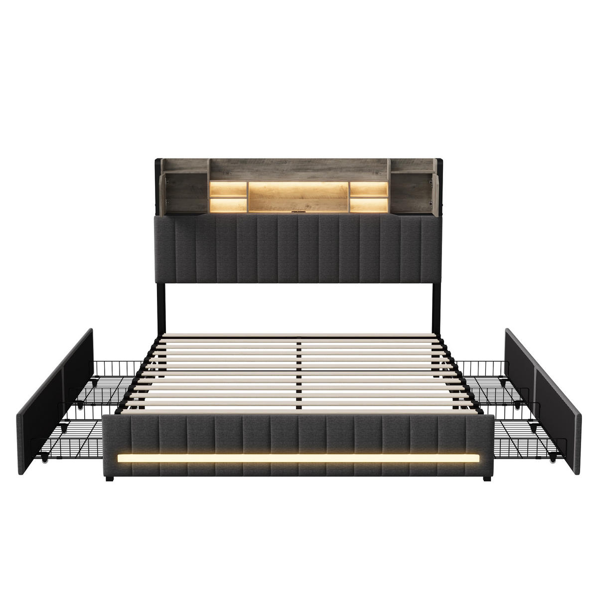 STAURAUMBETT 140/200 cm aus Leinen, mit 4 Schubladen, LED, Grey - Grau, Holzwerkstoff (140/200cm) - Brevoria