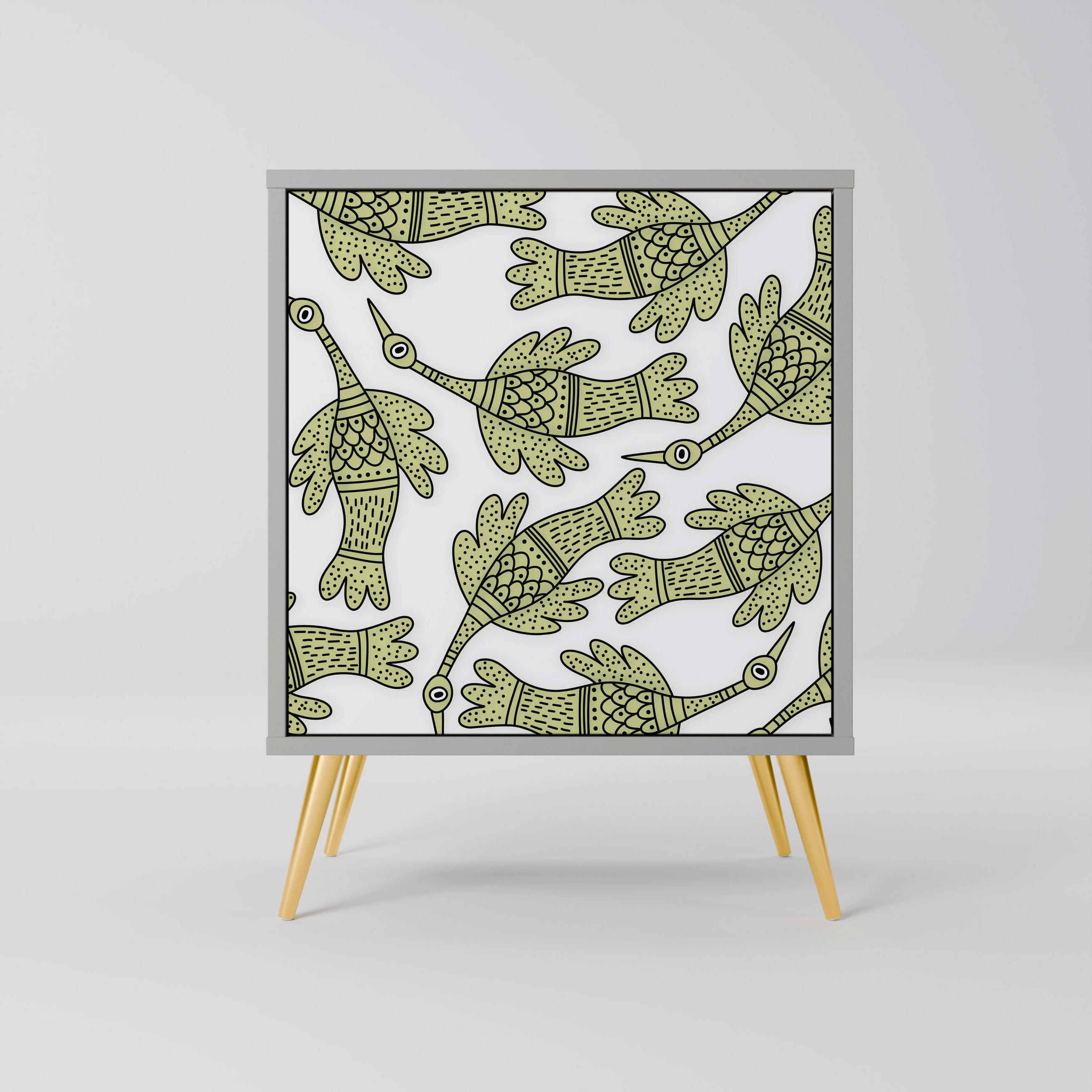 SIDEBOARD SEEDLING SONGBIRD, Grau, 57,5x42x75,5 cm, Goldfarbene Metallfüße - Goldfarben/Multicolor, Holzwerkstoff/Metall (57.5/75.5/42cm) - SpaceRebels