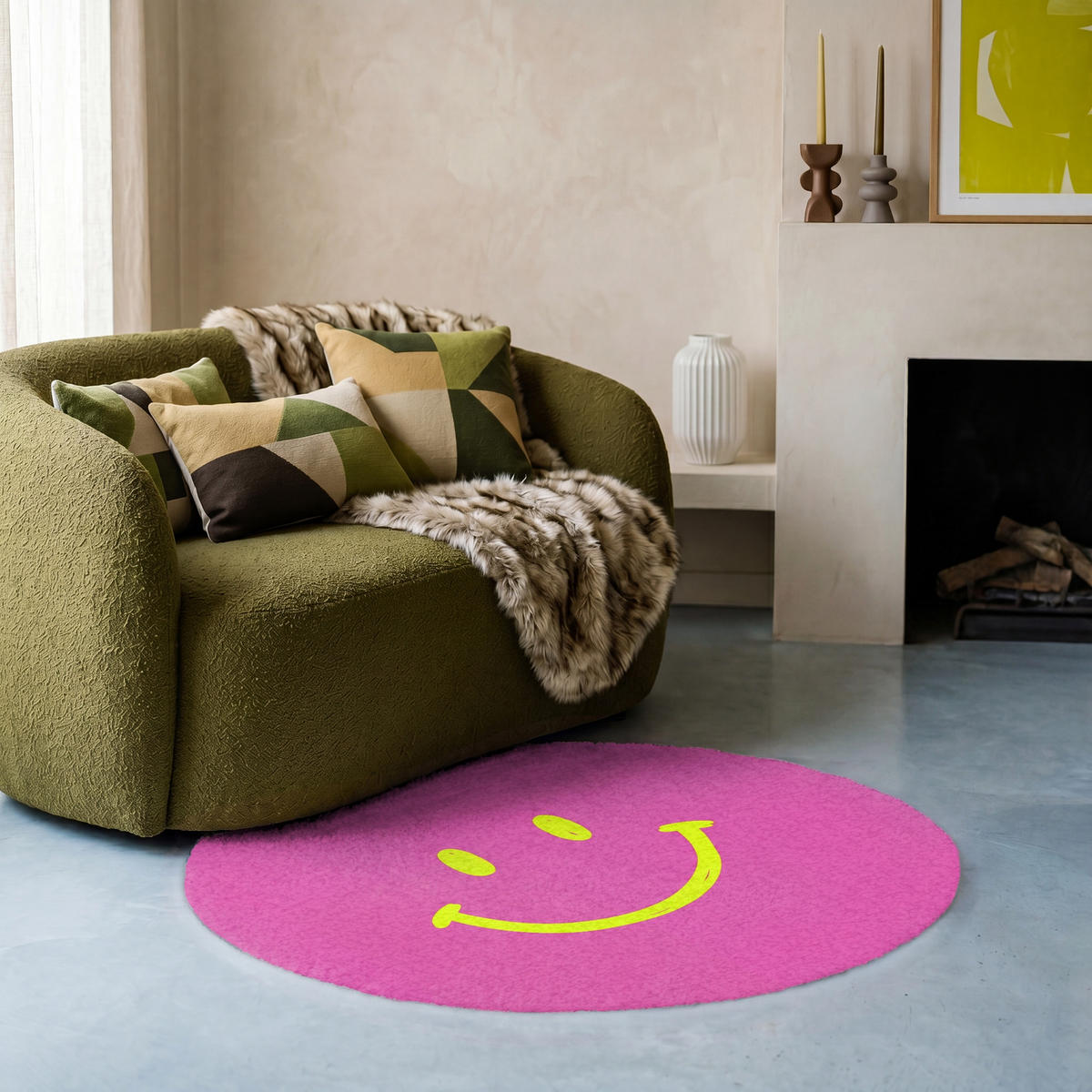 TEPPICH - Smiley - Fröhlich - Rosa - 90x90 cm - Pink, Kunststoff/Textil (90/0.4cm) - OnlyWow