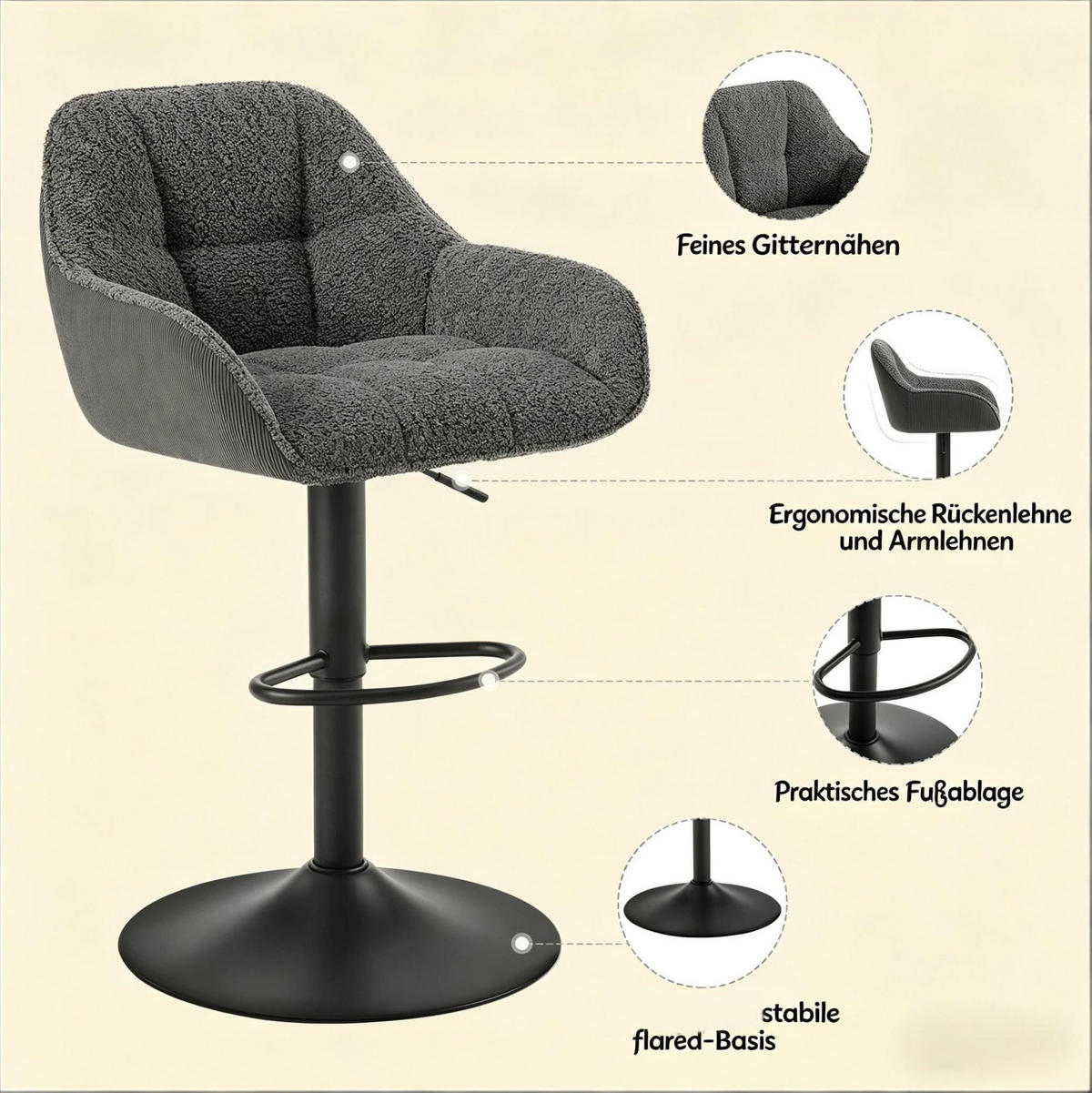 BARHOCKER 2er-Set höhenverstellbar 63-84 cm Chenille Dark Gray - Dunkelgrau, Metall (52/109/50cm) - Meubliv