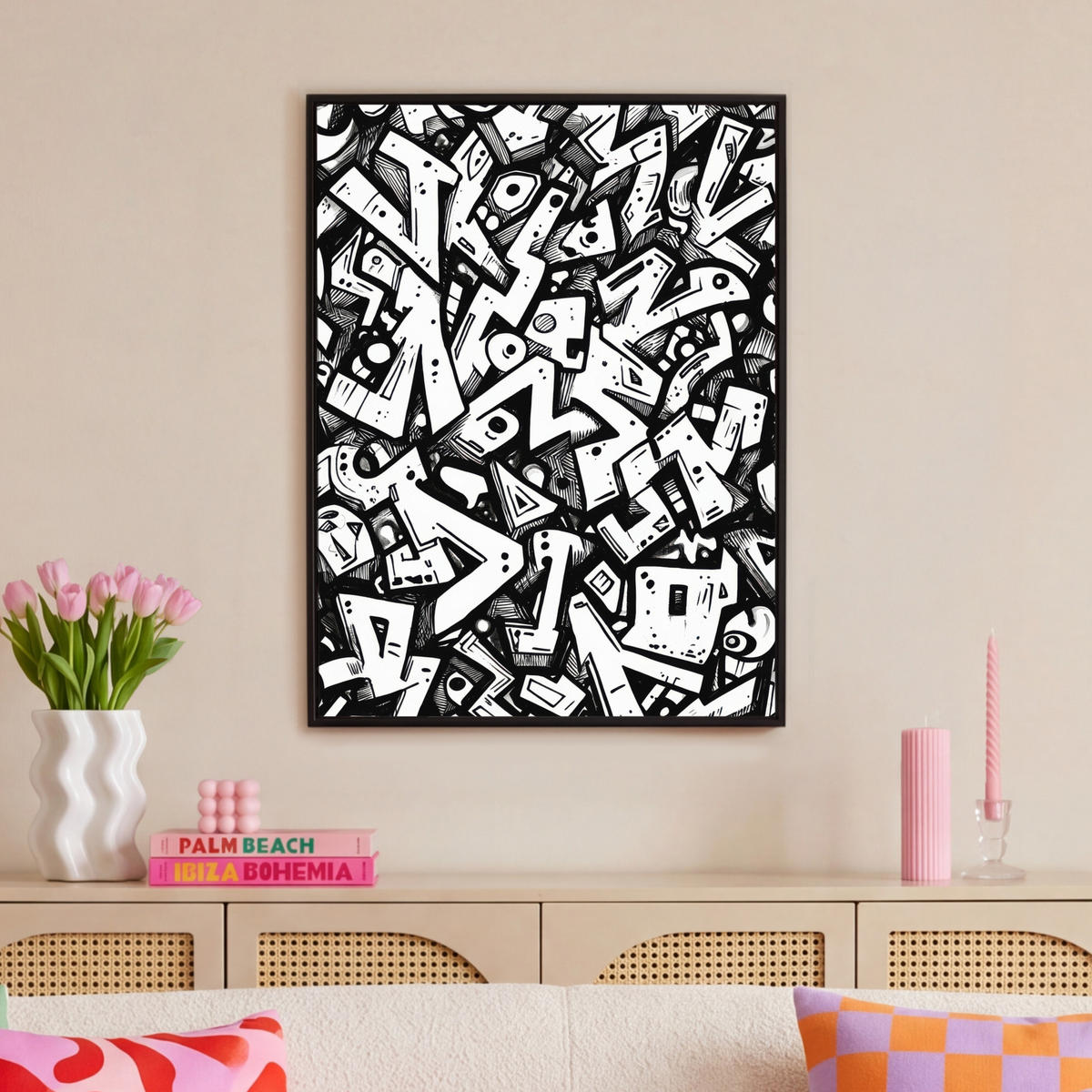 LEINWAND Bilder mit Rahmen - Formen - Buchstaben - Graffiti - Schwarz - 70x100 - Schwarz, Textil (70/100cm) - MuchoWow