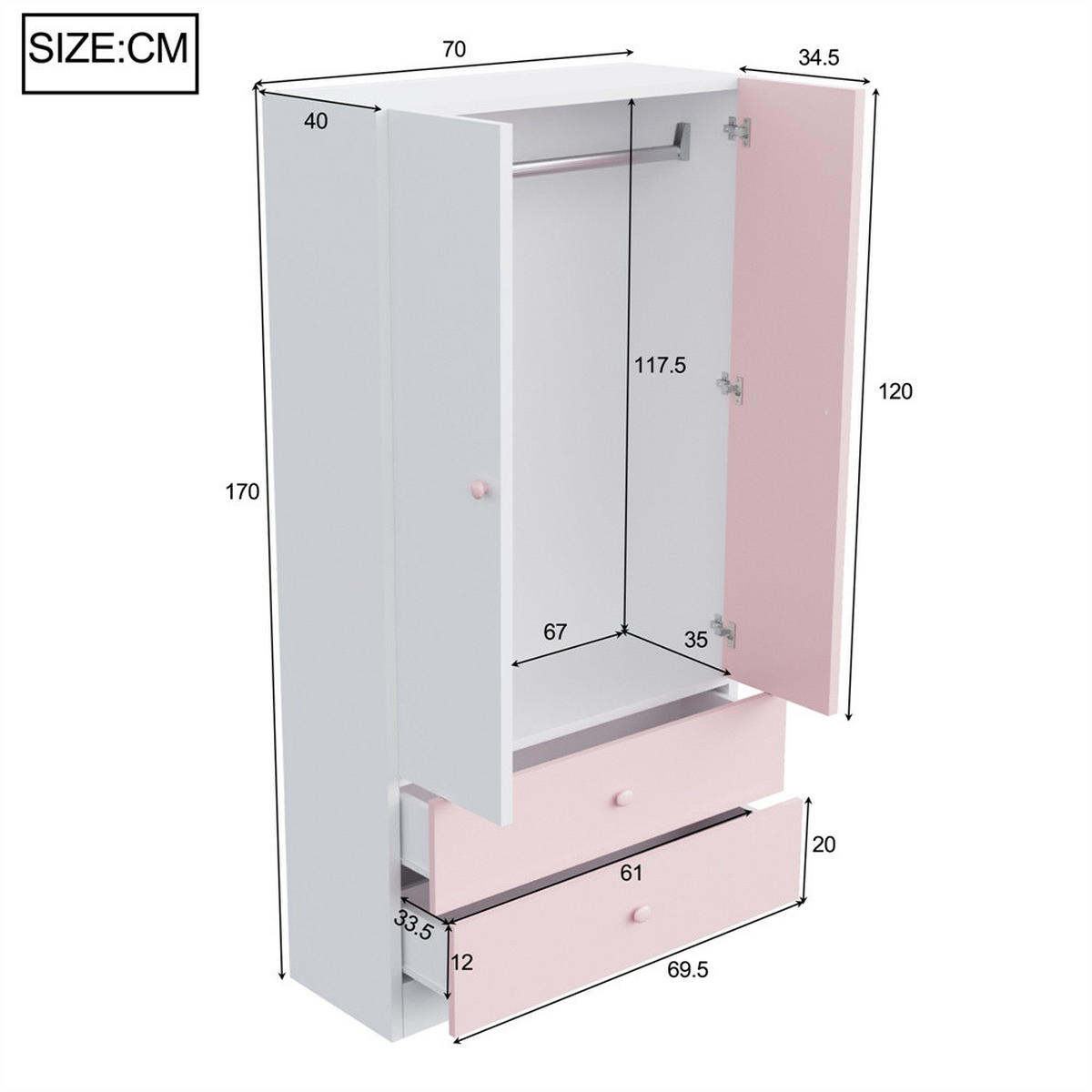 KLEIDERSCHRANK mit 2 Türen & 2 Schubladen und rosa Griffen 70x40x170 cm - Farbblock-Design - Rosa & Weiß - Pink, Holzwerkstoff (70/170/40cm) - DELFA