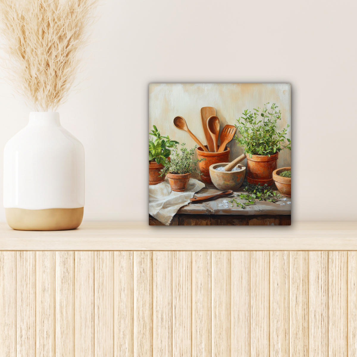 LEINWANDBILD Töpfe - Kräuter - Holz 20x20 cm - Terracotta, Textil (20/20cm) - MuchoWow