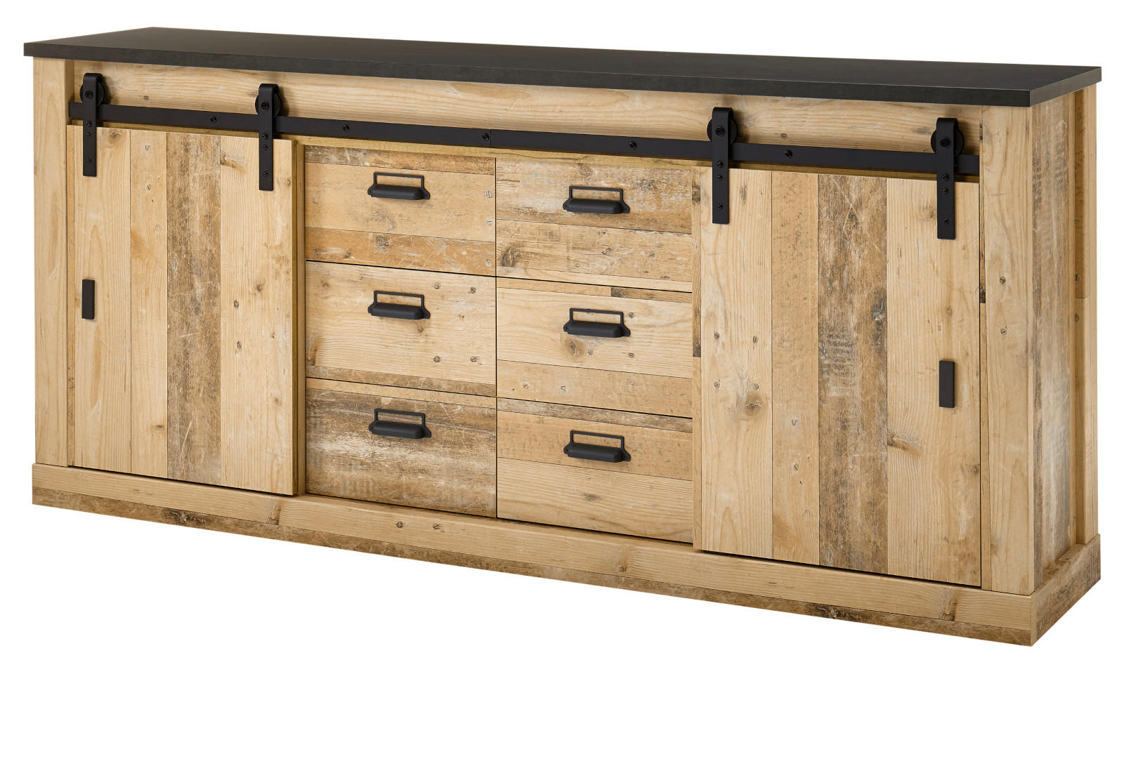 SIDEBOARD Used Wood hell, anthrazit 201 cm, Kommode mit Soft-Close - Anthrazit/Schwarz, Holzwerkstoff/Metall (201/91/43cm) - Furn.Design