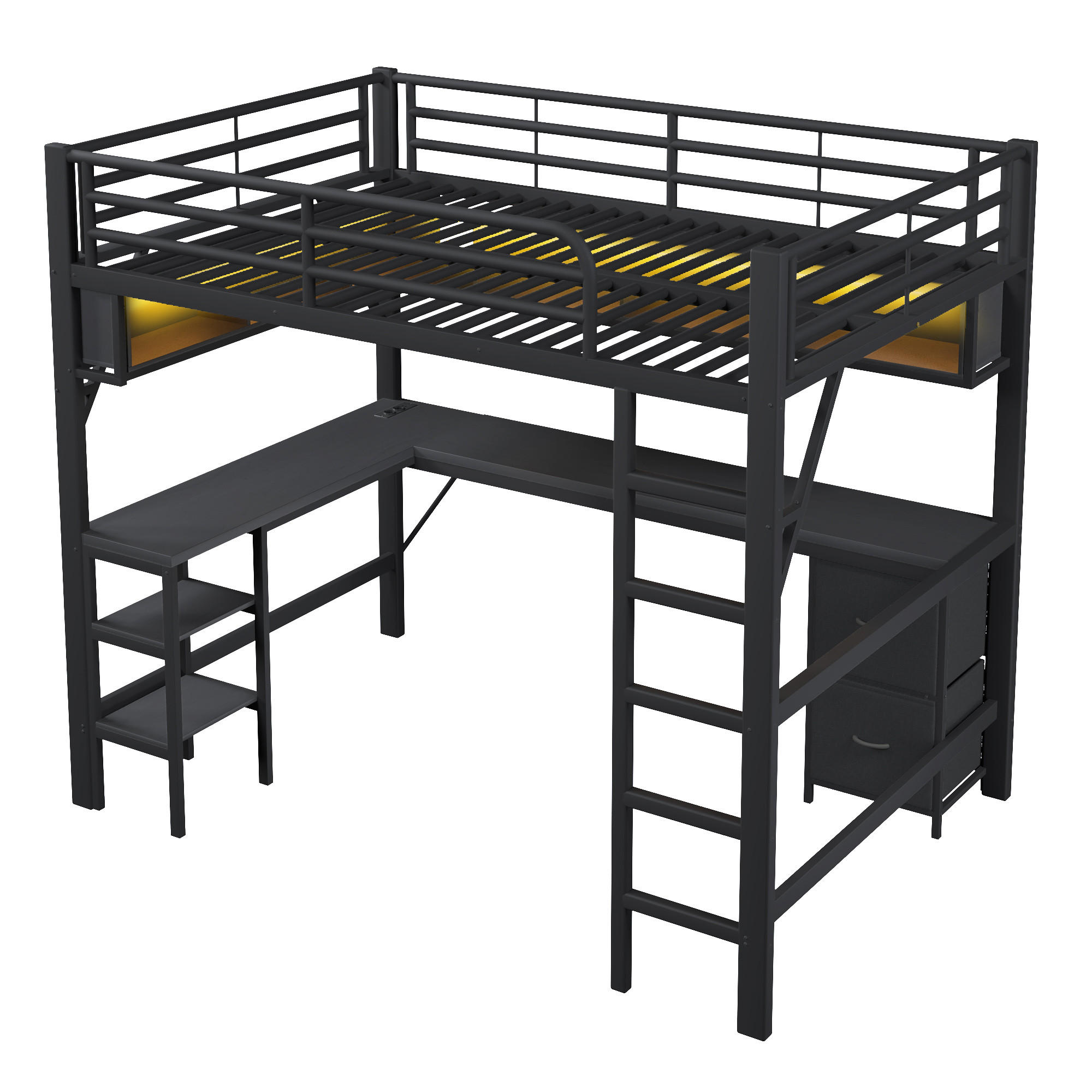 HOCHBETT 140/200 cm DE-03424, mit Bücherregal, Schreibtisch, Schrank und LED, in Schwarz - Schwarz, Holzwerkstoff/Metall (140/200cm) - ComfortXL