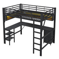 HOCHBETT 140/200 cm DE-03424, mit Bücherregal, Schreibtisch, Schrank und LED, in Schwarz - Schwarz, Holzwerkstoff/Metall (140/200cm) - ComfortXL