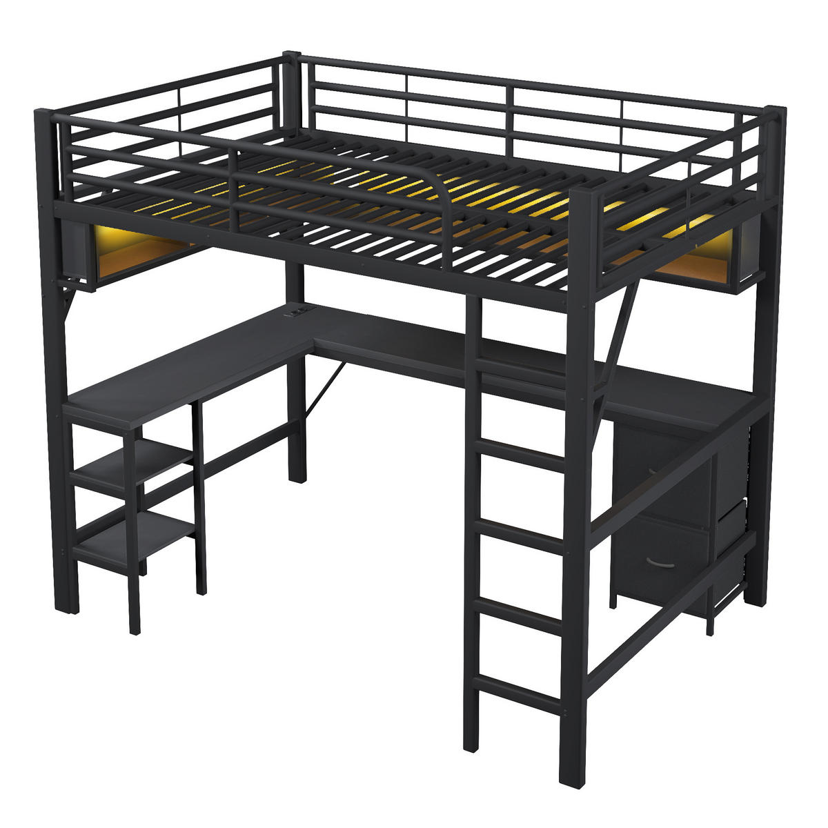 HOCHBETT 140/200 cm in Schwarz mit Schreibtisch, Regal, Schubladen, LED und USB - Schwarz, Holzwerkstoff/Metall (140/200cm) - WISHDOR