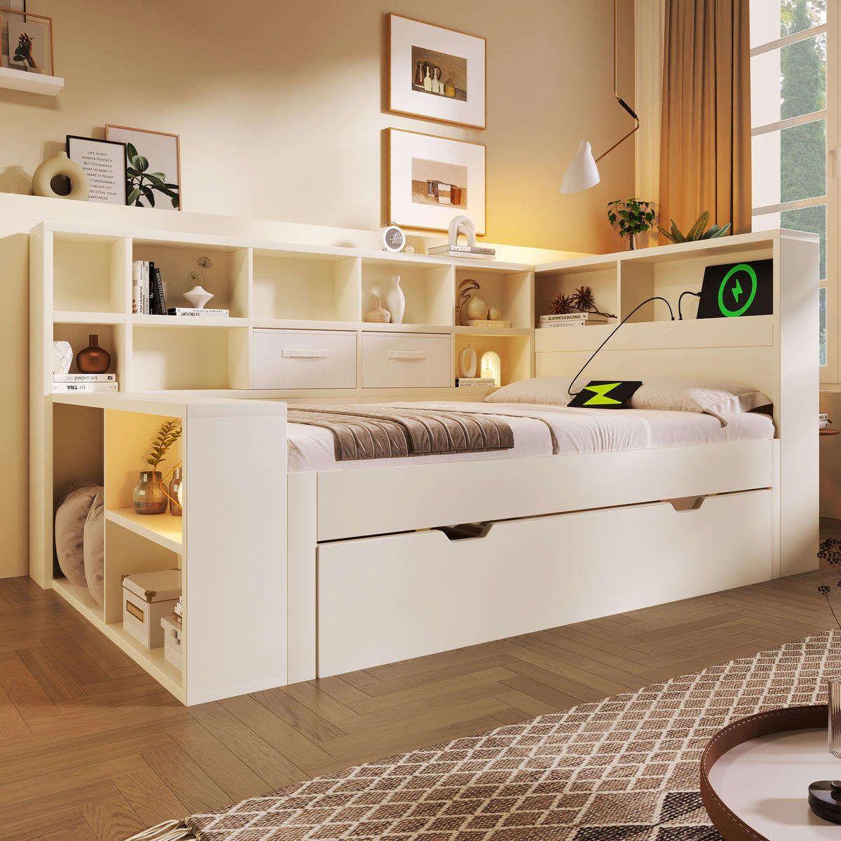 STAURAUMBETT 90x200 Weiß Ausziehbett USB Stauraum - Weiß, Holz (90/200cm) - FLIEKS