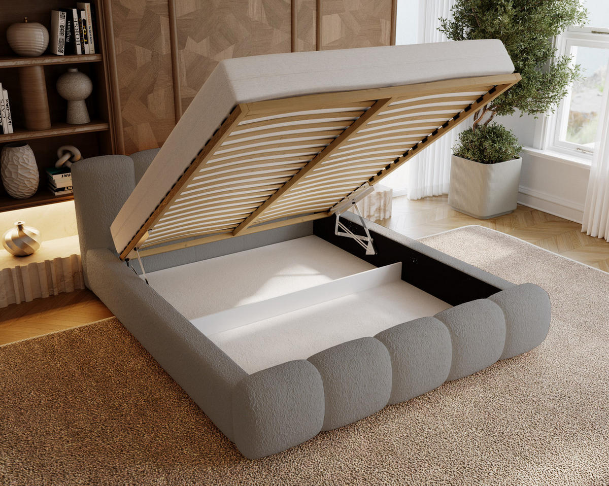 POLSTERBETT bouclé 200x200 Ravello mit Bettkasten, Lattenrost, Hellgrau - Hellgrau, Holz/Textil (200/200cm) - Emporius