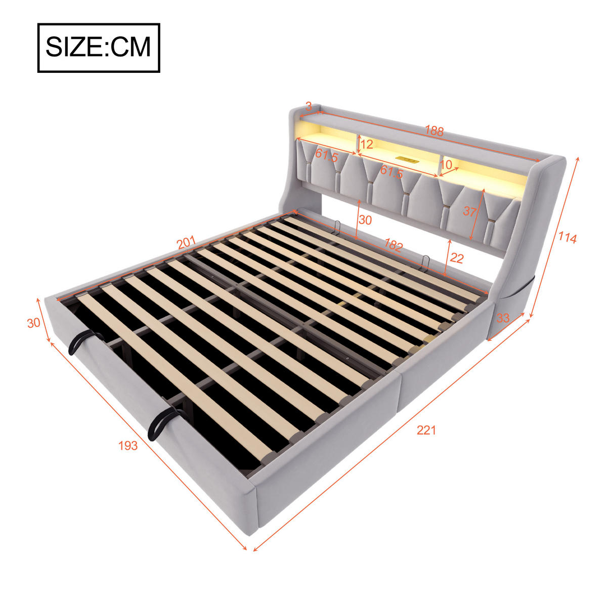 POLSTERBETT 180/200 cm Hellgrau aus Samt mit Stauraum mit LED-Beleuchtung - Hellgrau, Textil (180/200cm) - OKWISH