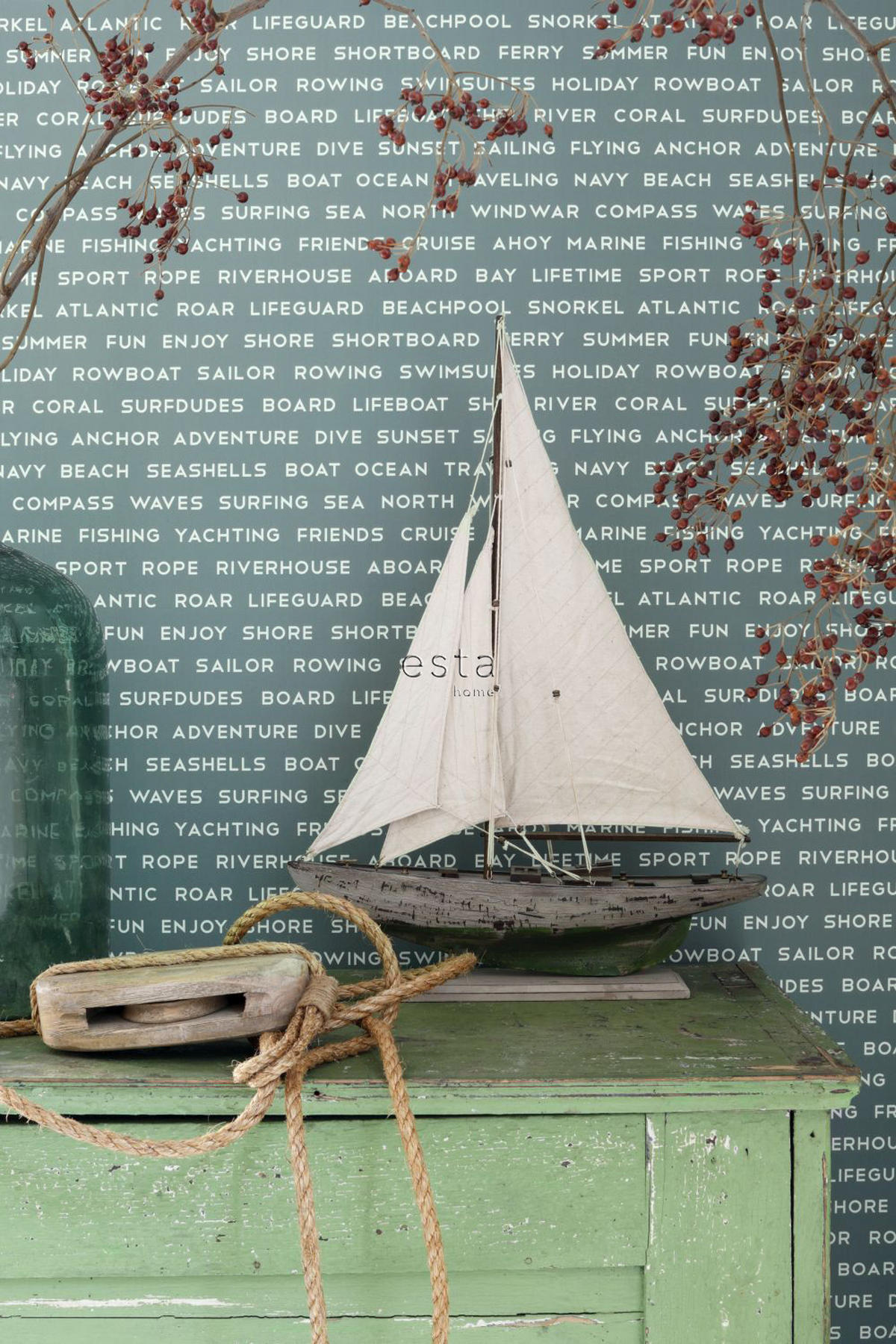 TAPETE maritime Strandtexte 53 cm x 10.05 m - Grün, Papier (53/0.1cm) - ESTAhome
